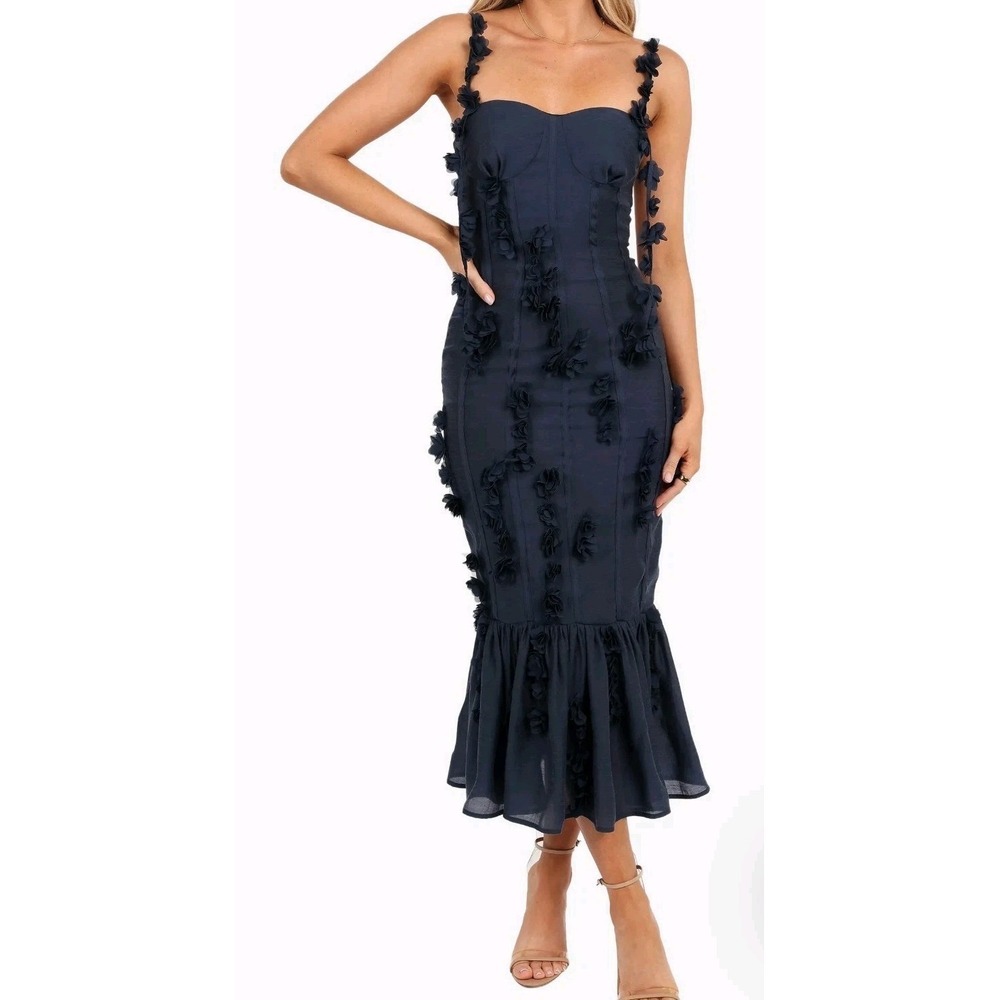 Amable By Mable Enchanted Floral Applique Mermaid Midi Dress In Black